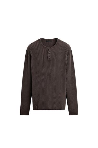 Zara TEXTURED HENLEY NECK JUMPER - Brown