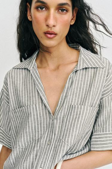 STRIPED LINEN BLEND SHIRT - Khaki by Zara