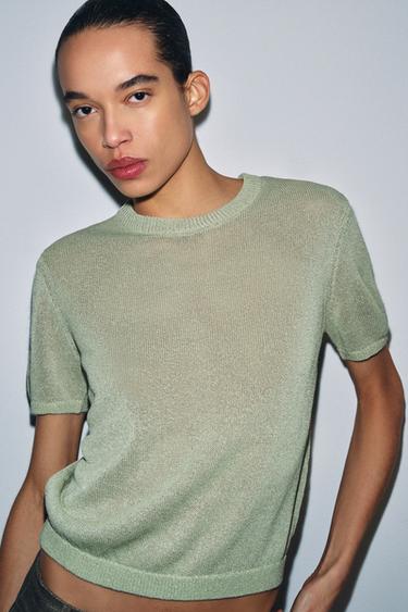 Zara SHORT SLEEVE KNIT TOP - Light green
