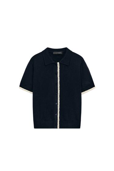 SHORT SLEEVE KNIT CARDIGAN WITH LACE TRIM - Navy blue by Zara