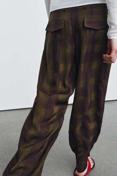 بنطلون منسدل مربعات ZW COLLECTION - كاكي داكن الخاص بـ Zara