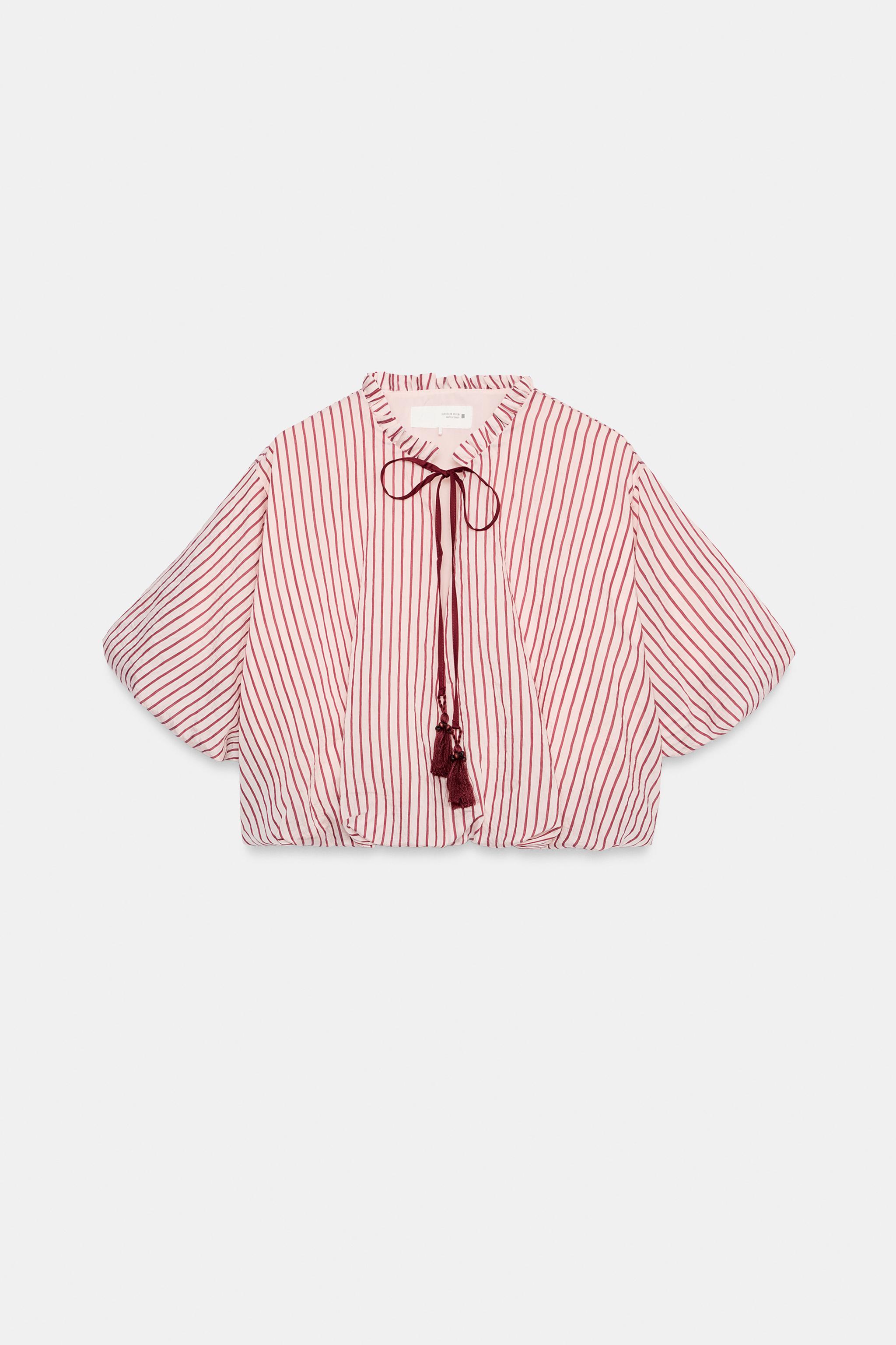 TIED STRIPED PUFF-SLEEVE TOP