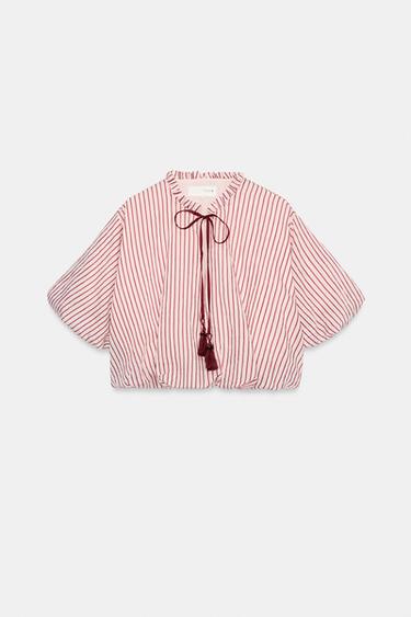 STRIPED TOP WITH TASSEL TIES - Ecru / Maroon by Zara