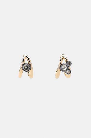 RHINESTONE DOUBLE HOOP EARRINGS - Golden by Zara