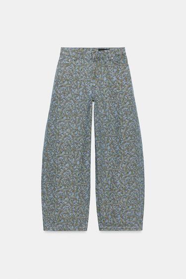 JEANS ZW COLLECTION BARREL TIRO ALTO FLORES - Azul de Zara
