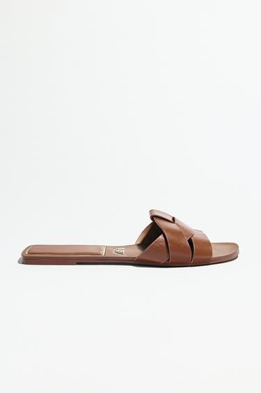 Zara LOW HEELED CROSSED LEATHER SANDALS - Brown