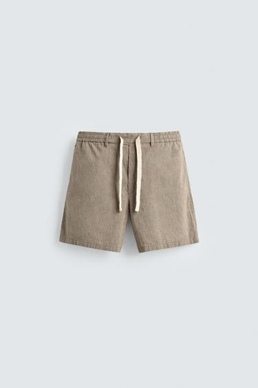 COTTON/LINEN RELAXED FIT BERMUDA SHORTS - Brown Stripes by Zara