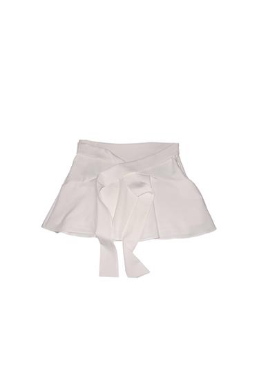 White, flared mini skirt with a wide bow tied at the front, against a white background.