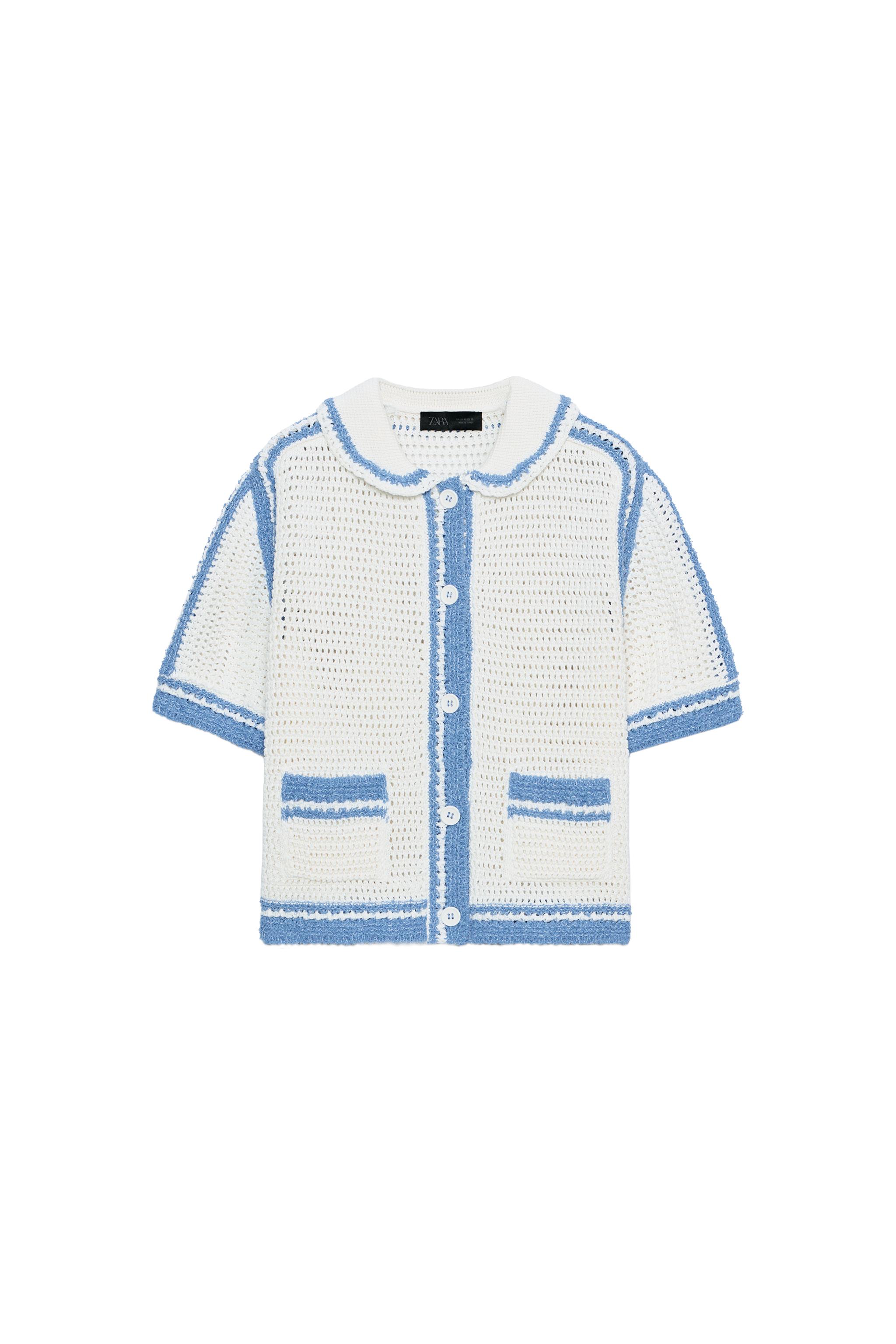 SHORT SLEEVE OPEN KNIT CARDIGAN - Ecru / Blue | ZARA United States