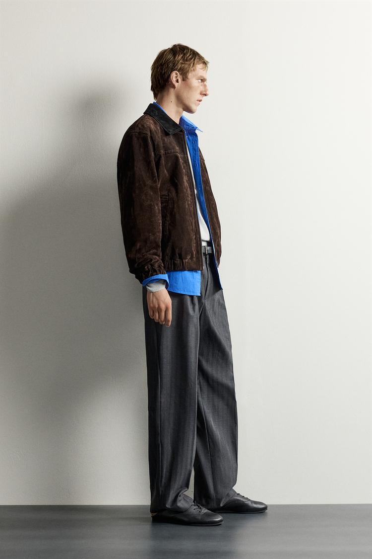 Chaqueta de cuero gamuzado con cuello de contraste 4