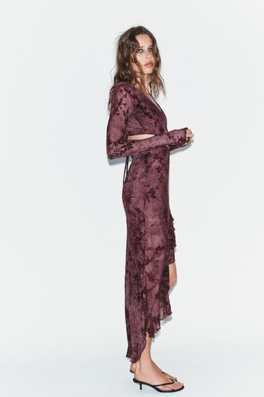 ASYMMETRIC FLOCKED TULLE CUT-OUT DRESS - Dark burgundy by Zara - Image 2