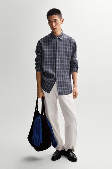 Zara 100% linen regular fit check shirt - Blue