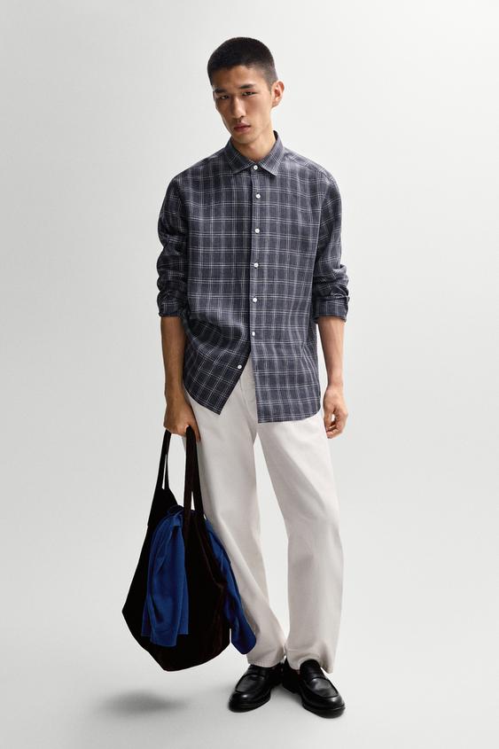 Zara 100% linen regular fit check shirt - Blue - Image 0