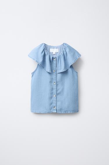 FLOWING DENIM BLOUSE WITH RUFFLE - Blue by Zara - Image 0