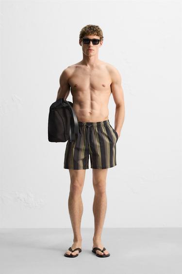 Zara STRIPED MID-LENGTH SWIMSUIT - Khaki - Image 0