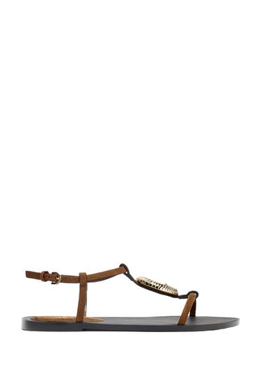 Zara FLAT SANDALS WITH METALLIC TRIM - Brown - Image 0