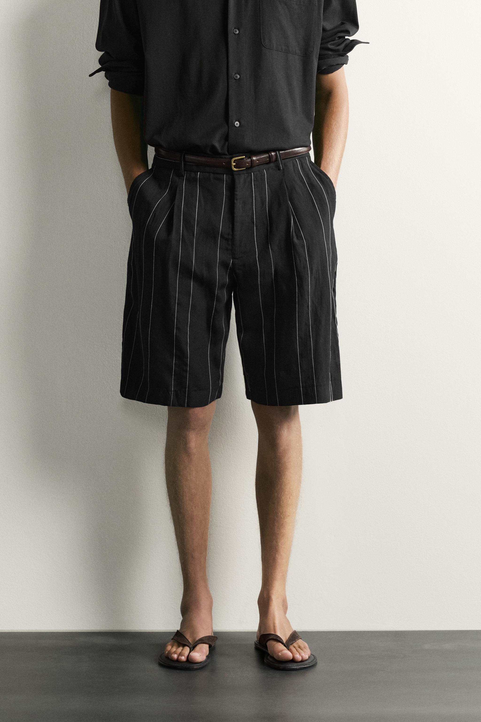 STRIPED PLEATED RELAXED FIT SHORTS — Black