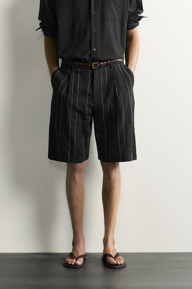 STRIPED PLEATED RELAXED FIT SHORTS — Black 2