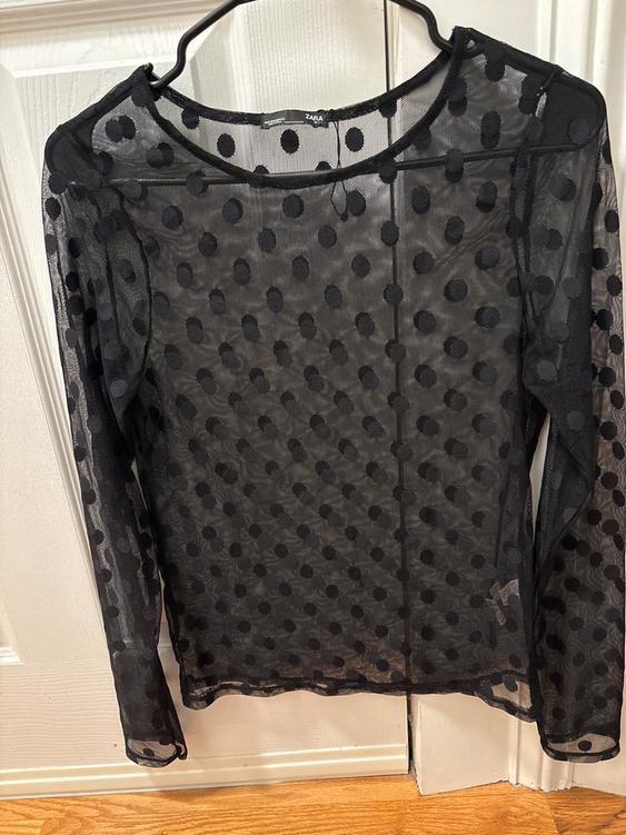 Black mesh polka dot long-sleeve blouse, hanging on a hanger in front of a white door. Visible tag: Zara.