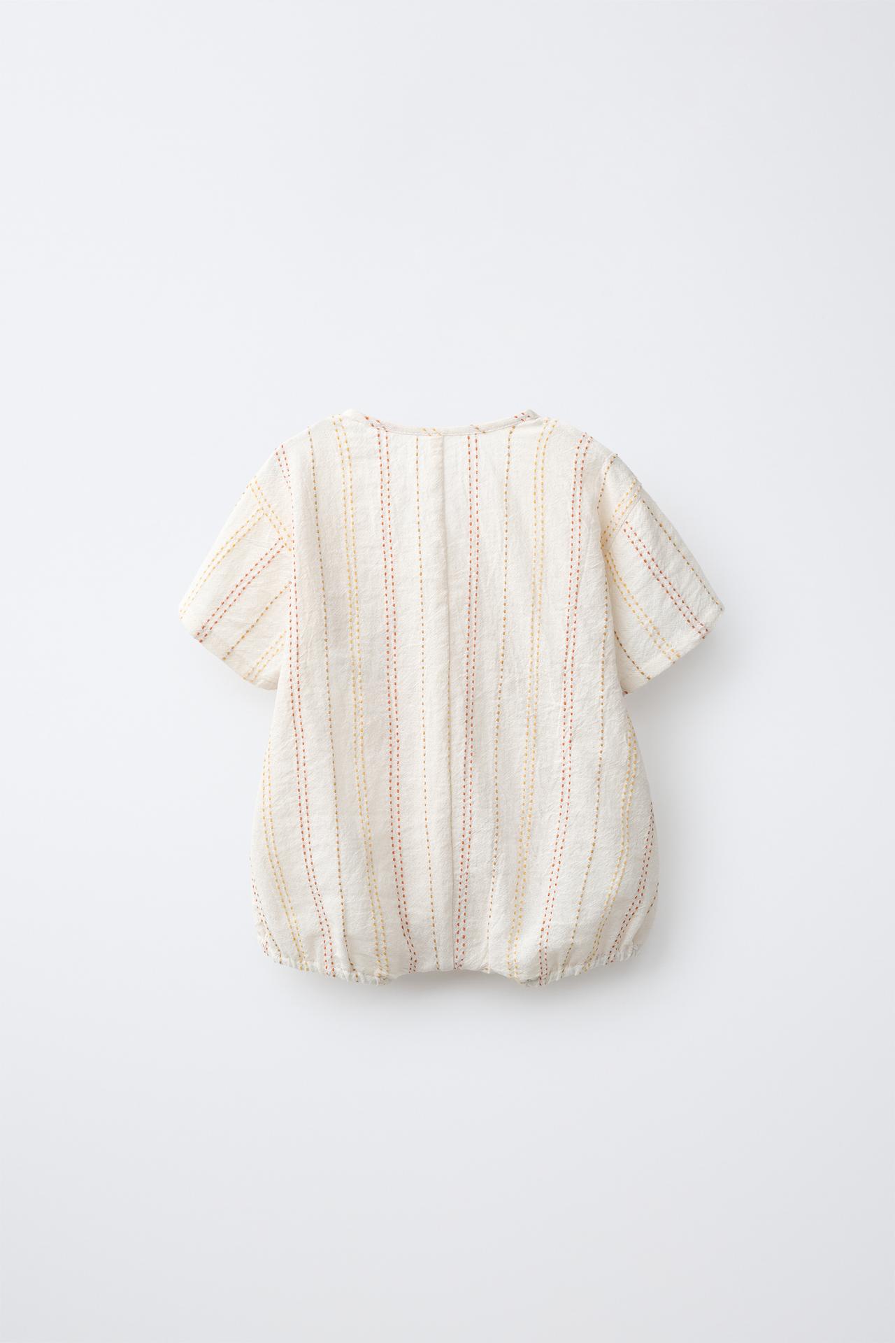 CONTRAST TOPSTITCHED WRAP ROMPER — Ecru