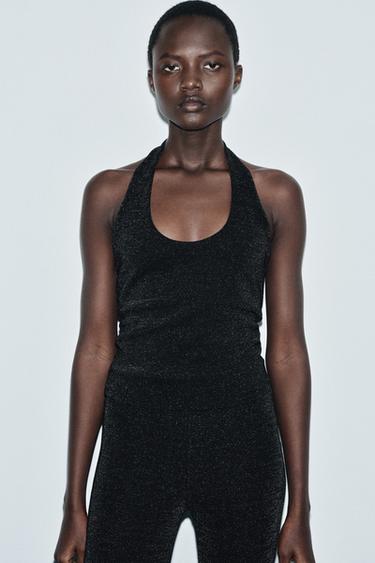 Zara SHINY STRETCH HALTER TOP - Black