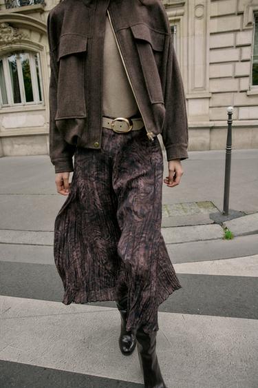 JUPE MI-LONGUE IMPRIMÉE AVEC CEINTURE - Aubergine foncé de Zara - Image 1