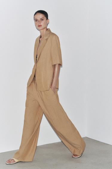 ZW COLLECTION STRIPED LINEN BLEND BLAZER - Light camel by Zara