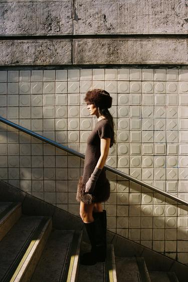 KNIT DRESS WITH FAUX FUR DETAIL - Brown by Zara