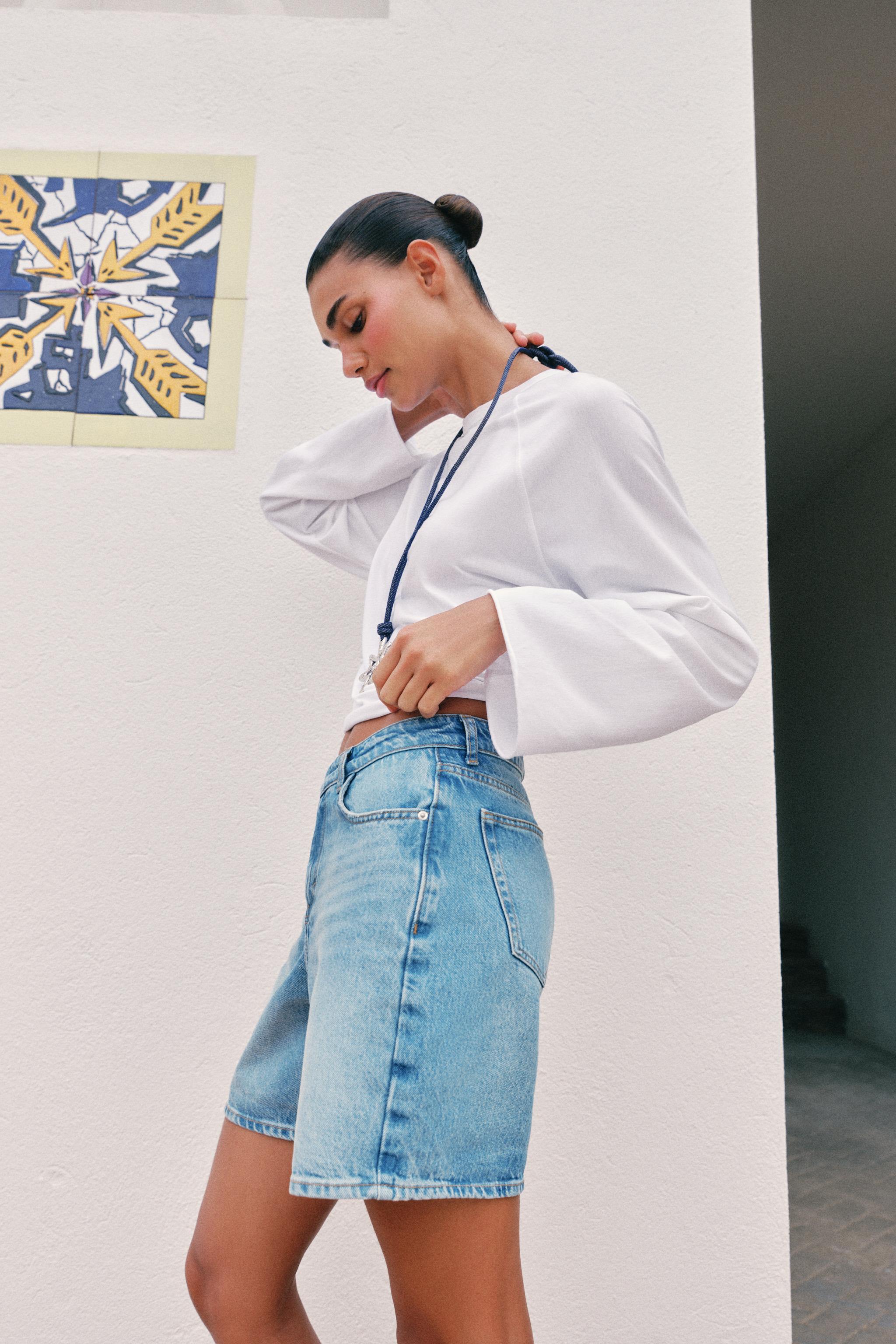 Z1975 CROSS-OVER WAIST DENIM SHORTS - Mid-blue | ZARA Singapore