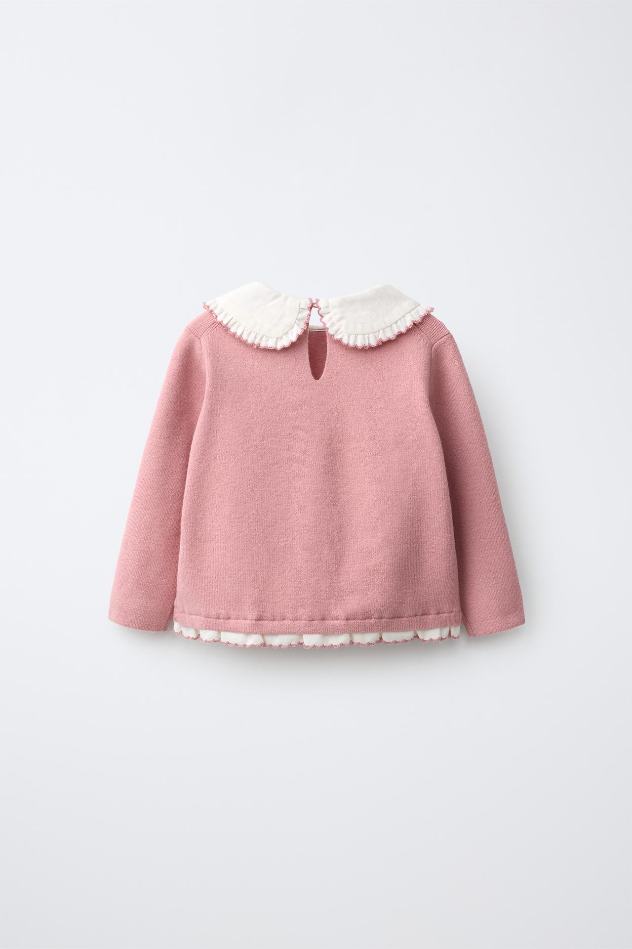 EMBROIDERED FLORAL COLLAR KNIT SWEATER — Light pink