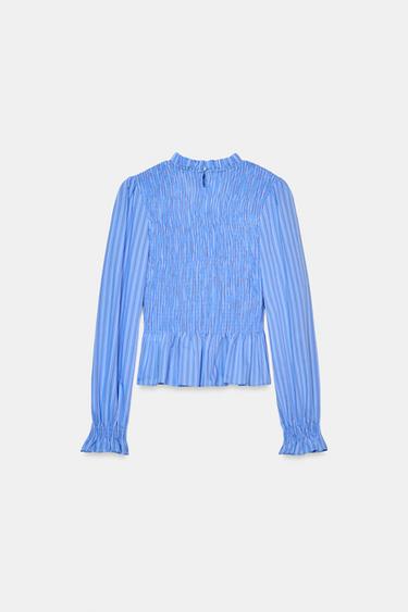 STRIPED SMOCKED SHIRT - Ecru / Red by Zara - Image 8