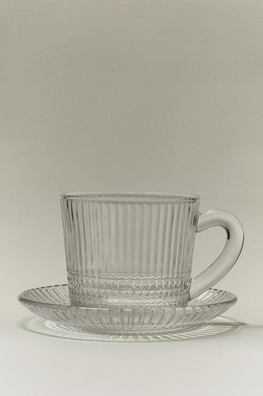GLASS COFFEE CUP AND SAUCER WITH RAISED GEOMETRIC DESIGN - Transparent by Zara