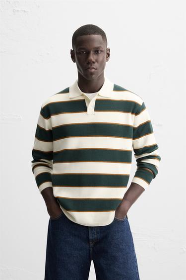 Zara SOFT KNIT POLO SHIRT - Green stripe