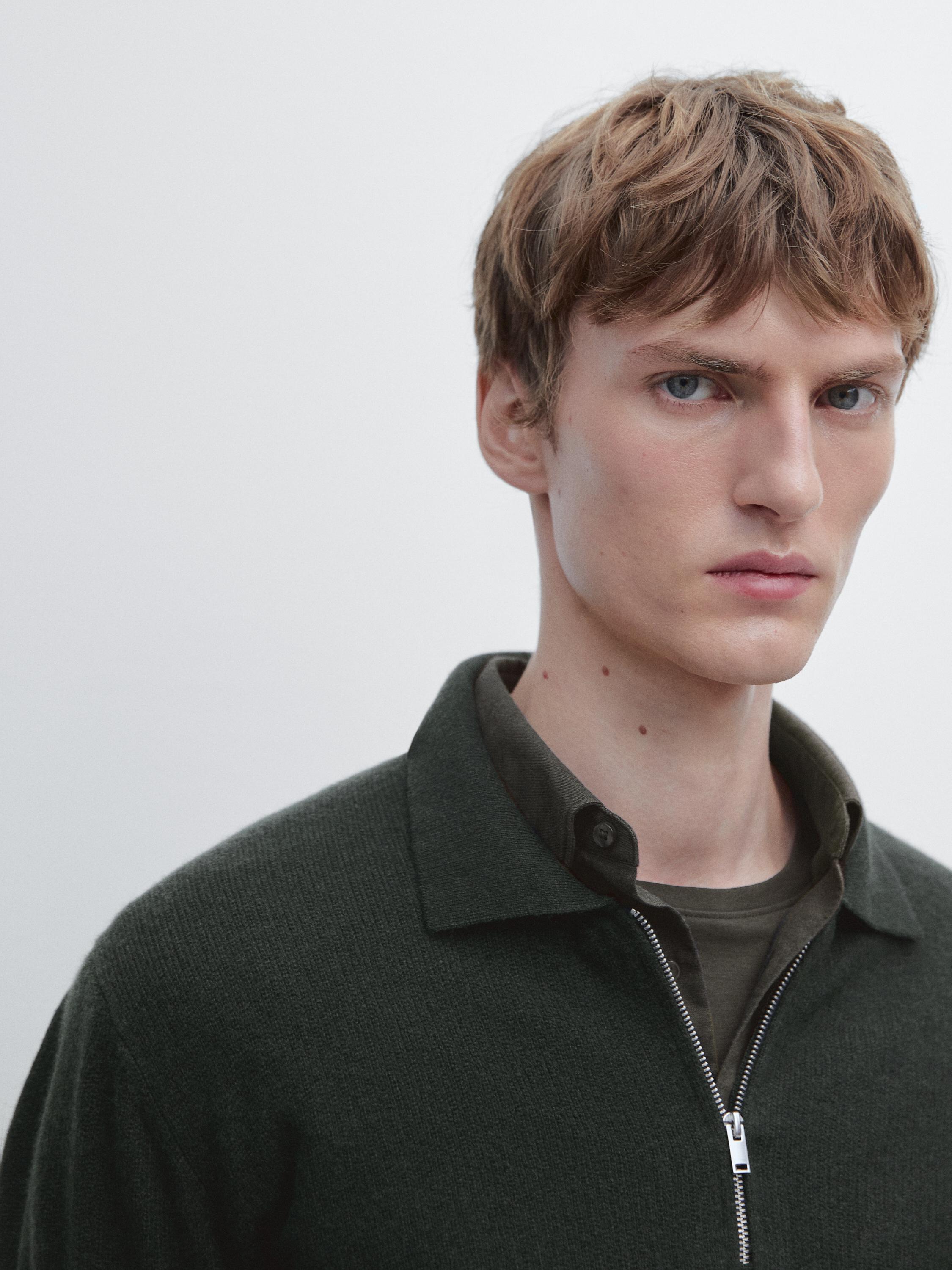 Knit wool blend polo sweater with zip