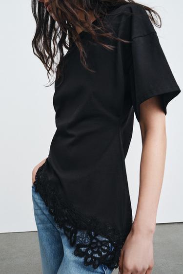 HEAVY COTTON LACE T-SHIRT - Black by Zara