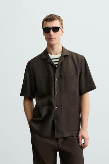 CAMISA 100% LINO BOLSILLOS - Chocolate de Zara
