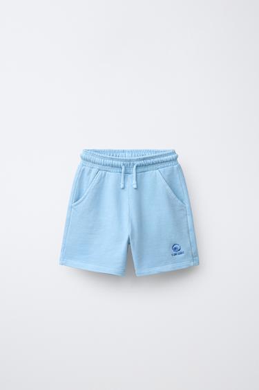 EMBROIDERED GARMENT DYED PLUSH BERMUDA SHORTS - Light blue by Zara