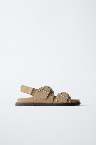 Zara STUDDED BUCKLE SANDALS - Brown