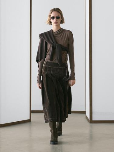 Zara Flocked denim midi skirt with box pleats - Khaki - Image 0