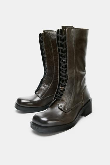 BOTTINES À LACETS EN CUIR - Vert kaki de Zara - Image 3