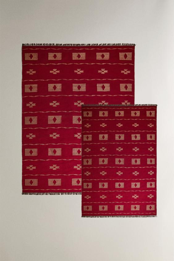 TAPIS LAINE ET RAPHIA IMPRIMÉ GÉOMÉTRIQUE - Rouge de Zara - Image 0