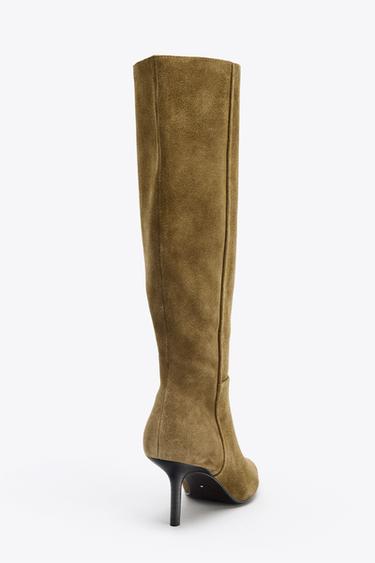 SPLIT SUEDE STILETTO HEEL BOOTS - Olive Green by Zara - Image 5