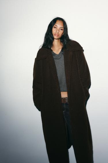 Zara SHEARLING COAT - Dark brown