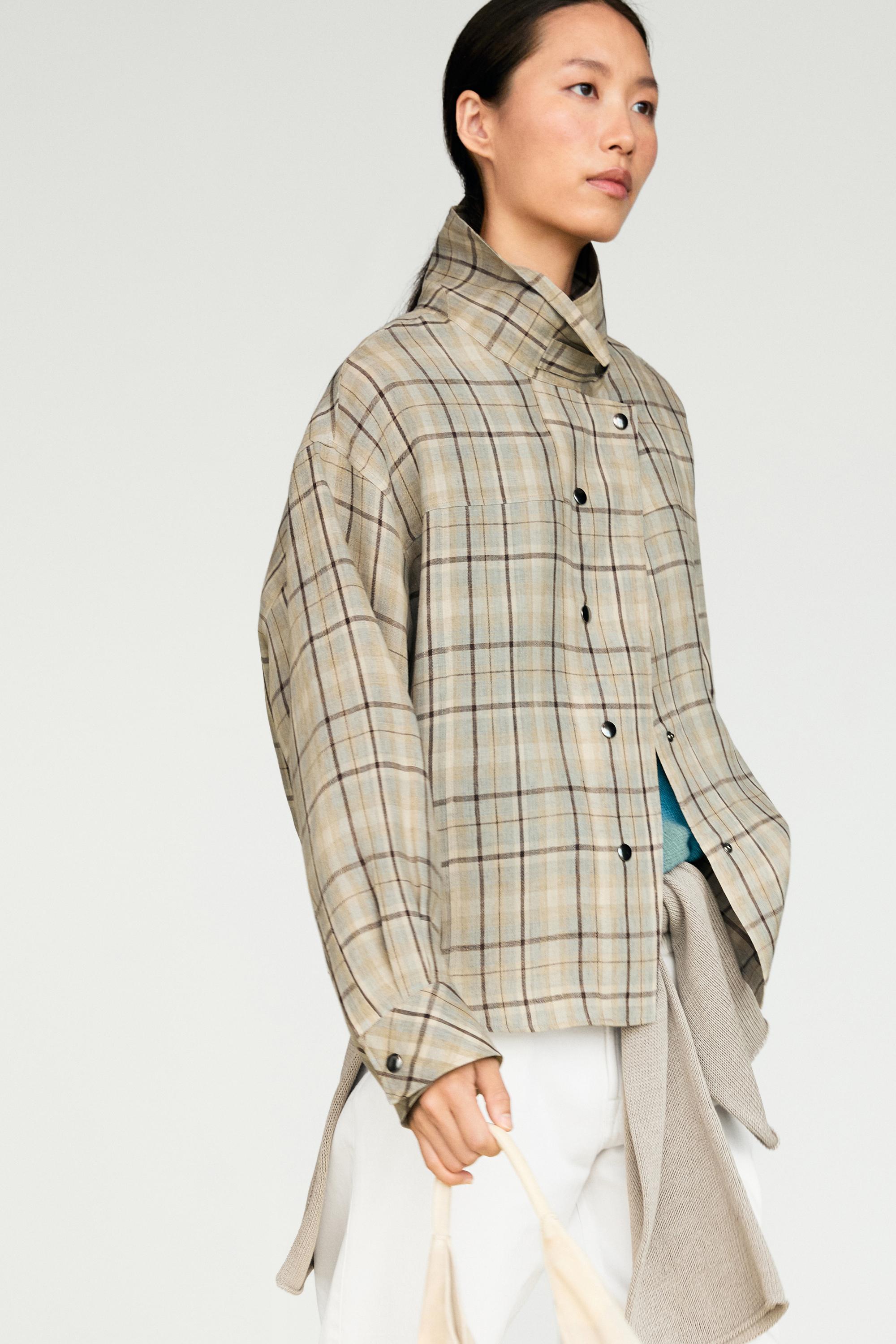100% linen check snap button shirt — Light blue