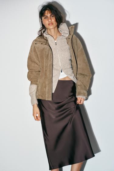 POLKA DOT SATIN MIDI SKIRT - Dark aubergine by Zara