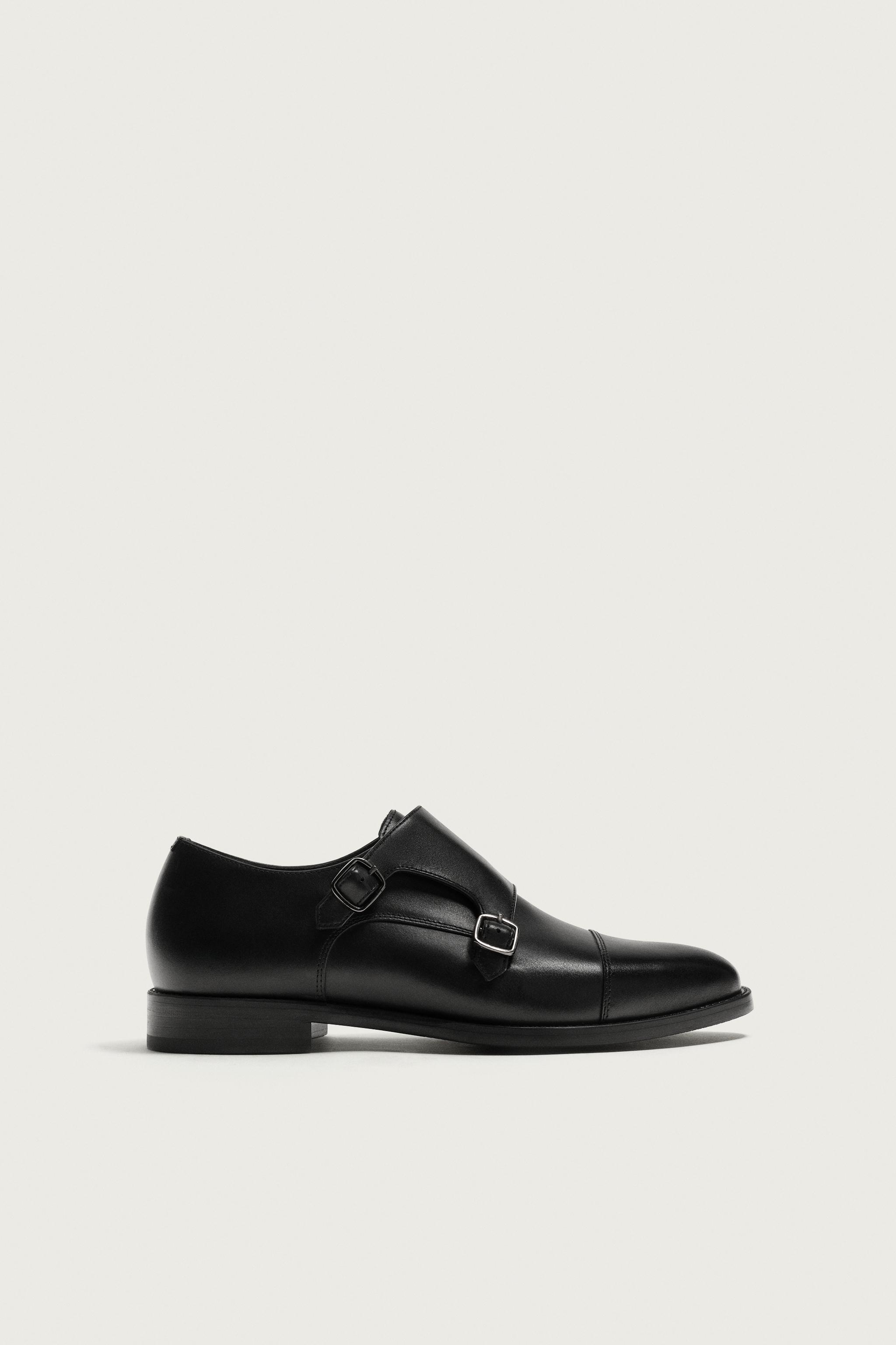 DOUBLE BUCKLE LEATHER SHOES — Black