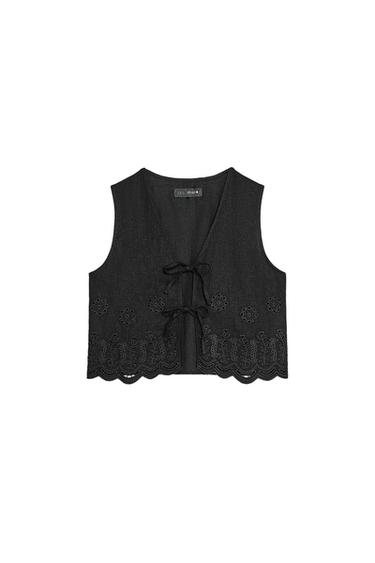 LINEN BLEND WAISTCOAT WITH CUTWORK EMBROIDERY