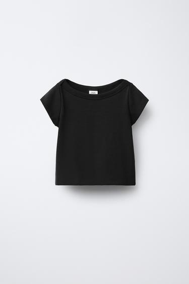 Zara RIBBED BOAT NECK T-SHIRT - Black