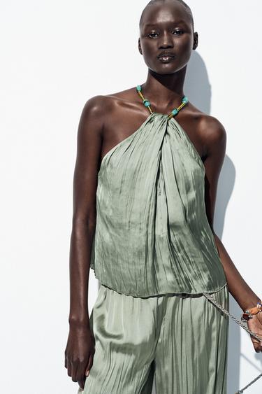 SATYNOWY TOP HALTER Z KORALIKAMI - Zielony stonowany Zara