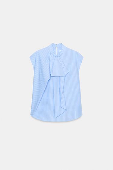 Zara ZW COLLECTION STRIPED SHIRT WITH TIES - White / Sky blue